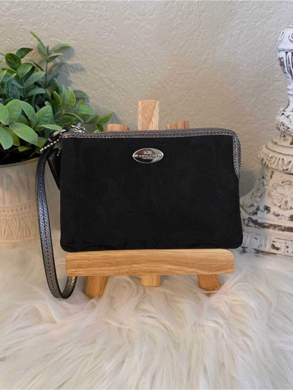 Coach Black Signature Wristlet Clutch with Silver Trim & Signature C Logo Canvas
